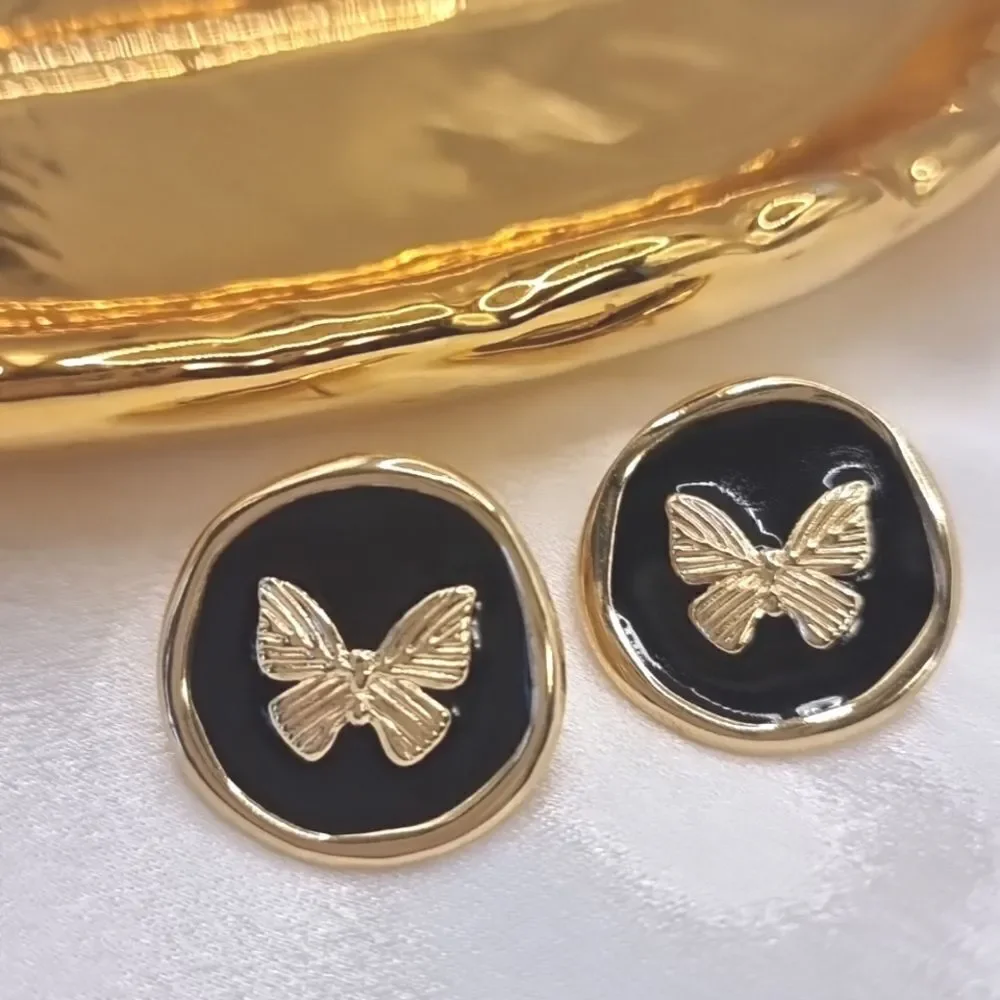 New! Vintage Style Black Enamel Gold Butterfly Stud Earrings Gold Plated A4 NWOT